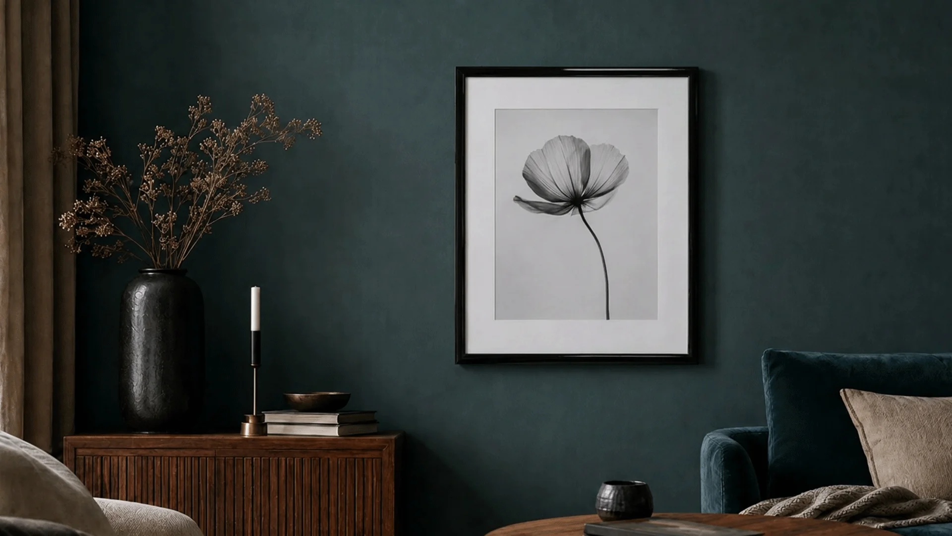 Cadre photo Greta en noir brillant devant un mur couleur pétrole