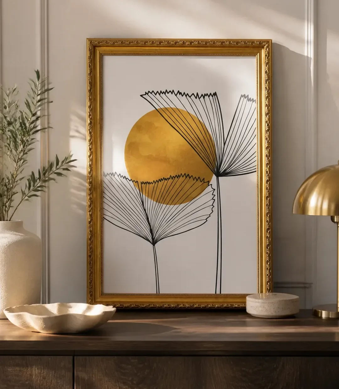 Cadre doré avec motif graphique de feuilles et de soleil sur une commode sombre