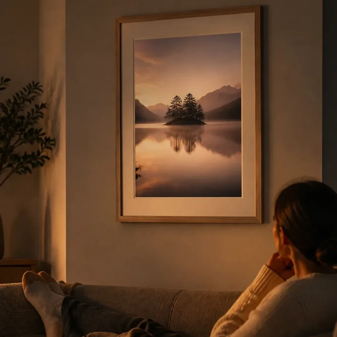 Cadre sobre en bois clair avec passe-partout et paysage de montagne au mur du salon