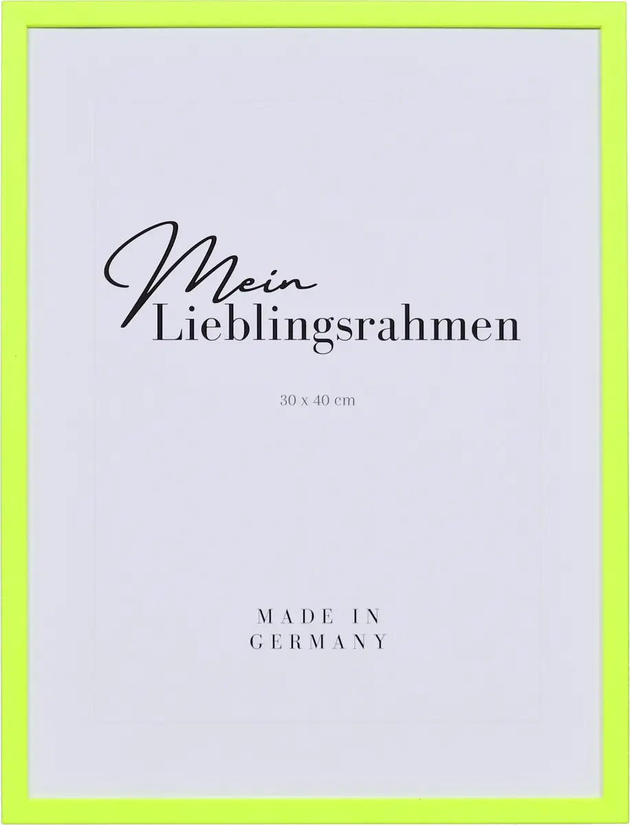 Holzbilderrahmen Bonnie 30x40, gelb - Frontansicht Frontansicht eines neongelben Holzrahmen in 30x40 im modernen Stil