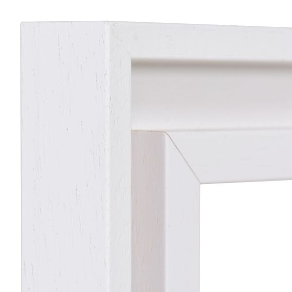 Ansicht der Ecke eines schlichten Holzrahmens in der Farbe Weiss