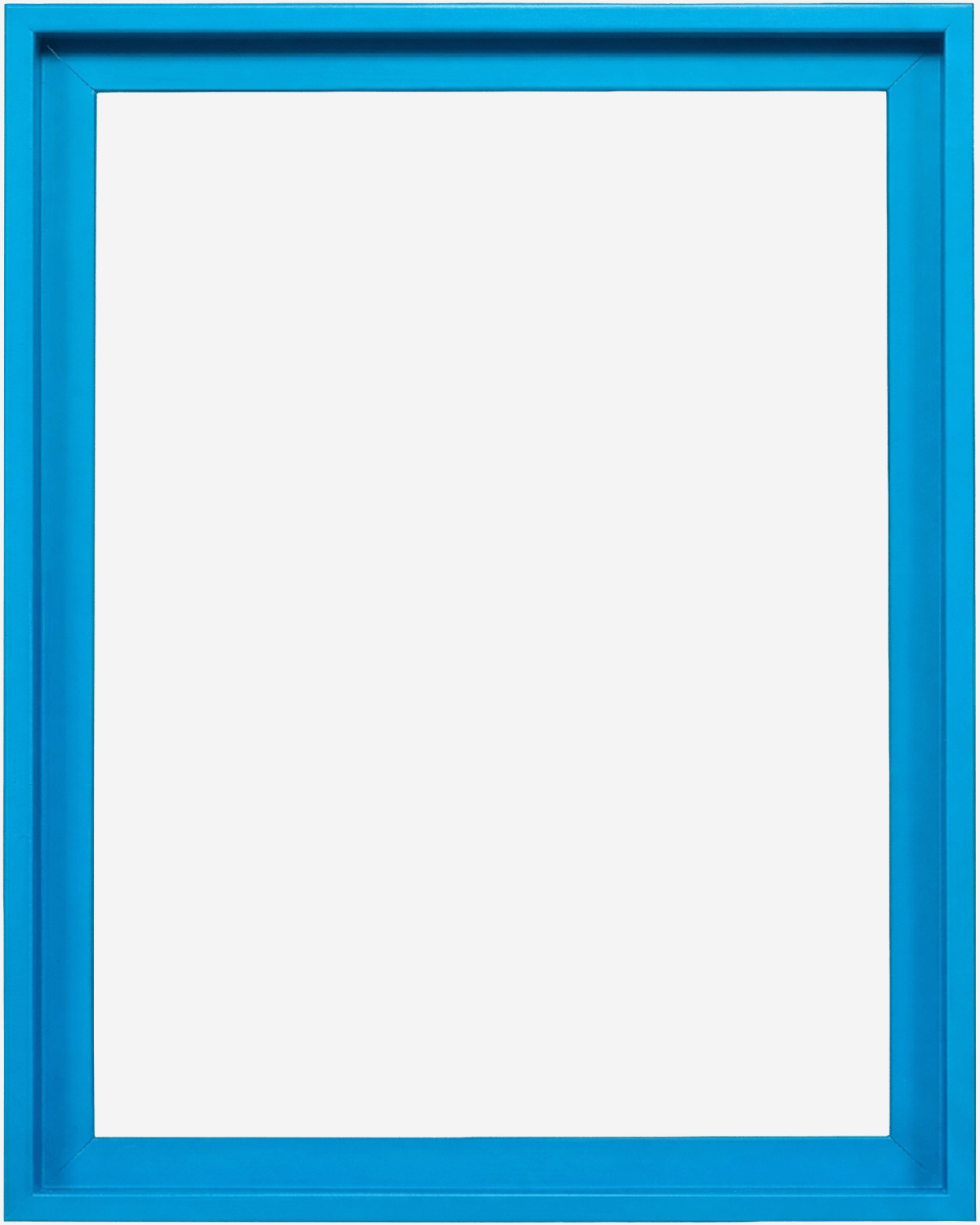 Cadre de type caisse américaine moderne Jill en bleu néon éclatant pour toiles, vue de face sur fond blanc.