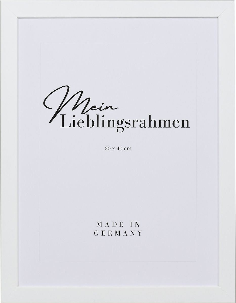 Frontansicht eines weissen Bilderrahmens mit sichtbarer Holzstruktur, glatter Oberfläche und kantigem, schlichtem Profil