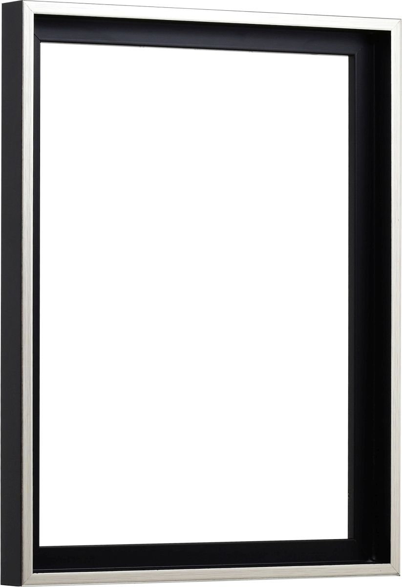 Holz-Profil 50k, schwarz mit Silberkante - Seitenansicht Seitenansicht eines modernen, dezenten Schattenfugenrahmens in Schwarz mit Silberkante