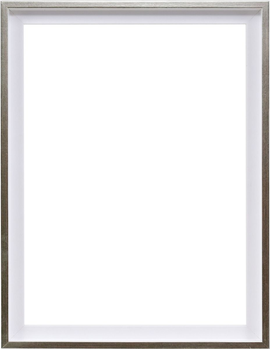 Holz-Profil 50k, weiss mit Silberkante - Frontansicht Frontansicht eines modernen, dezenten Schattenfugenrahmens in Weiss mit Silberkante