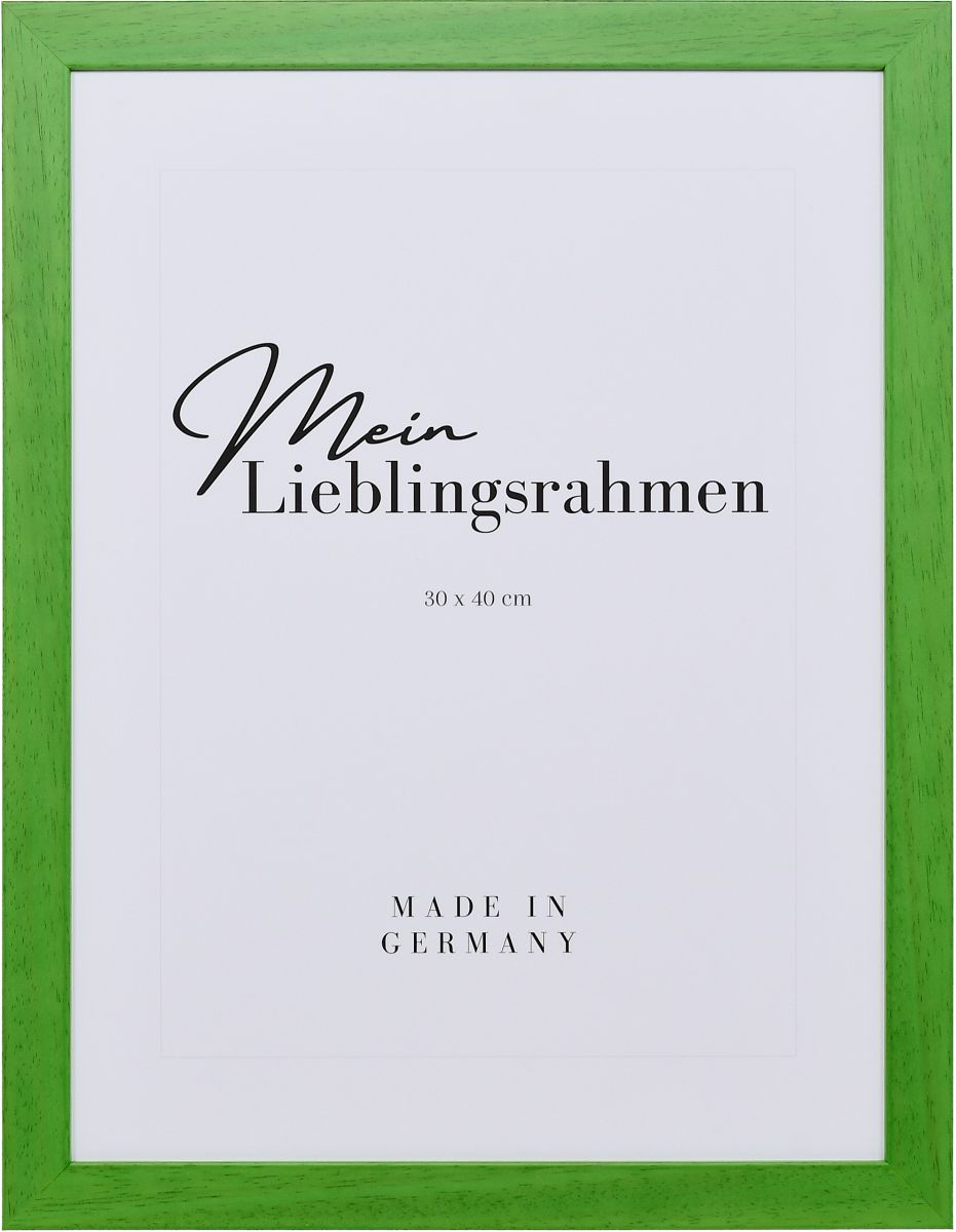 Frontansicht eines grünen Bilderrahmens mit sichtbarer Holzstruktur, glatter Oberfläche und kantigem, schlichtem Profil