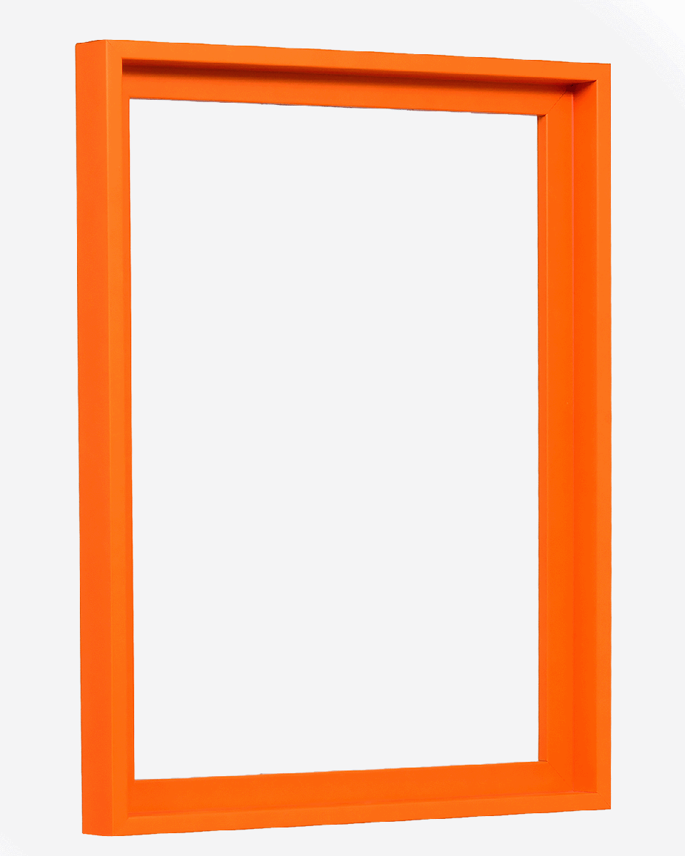 Vue latérale du cadre de type caisse américaine Jill en orange néon éclatant pour toiles.