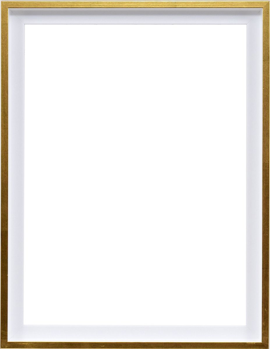Holz-Profil 50k, weiss mit Goldkante - Frontansicht Frontansicht eines modernen, dezenten Schattenfugenrahmens in Weiss mit Goldkante
