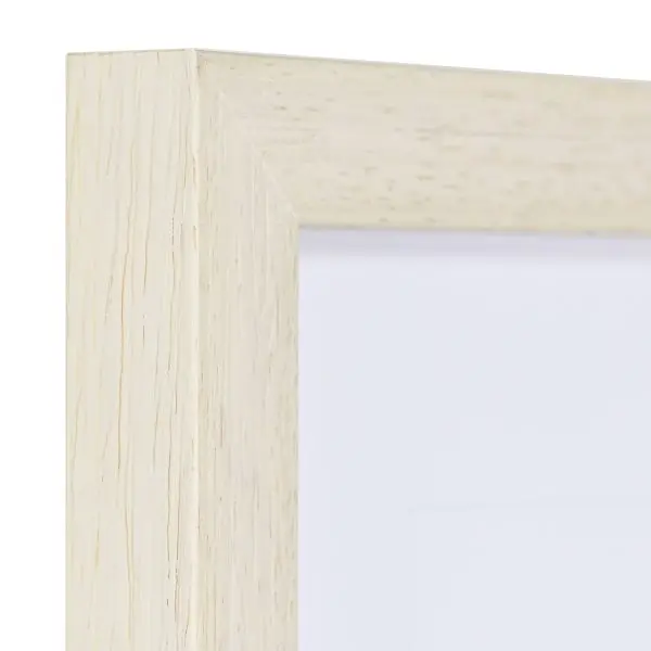 Ansicht der Ecke eines quadratischen, modernen, weissen Holzrahmens, dessen Holzstruktur sichtbar ist