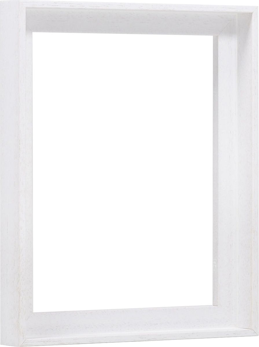 Seitenansicht eines weissen, offenporigen Schattenfugenrahmens für Leinwände