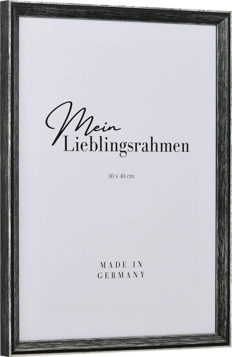 Seitenansicht eines schwarzen Holzrahmens im Used Look mit sichtbarer Holzstruktur