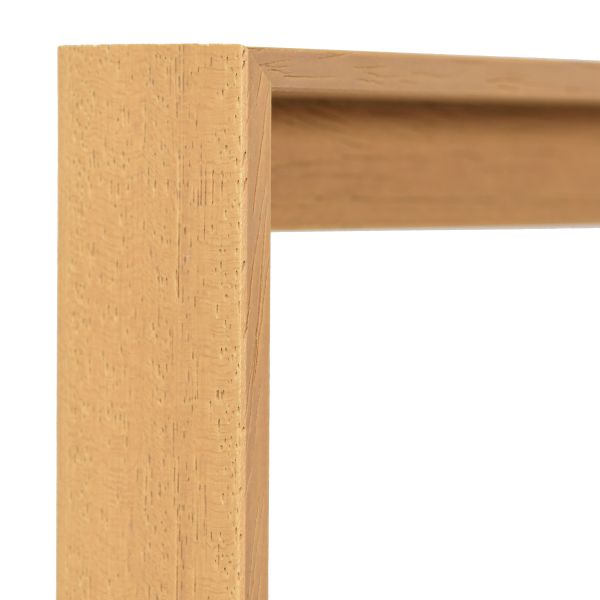 Holz-Profil 50F, Eiche - Ecke Ansicht der Ecke eines eichenfarbenen, offenporigen Schattenfugenrahmens für Leinwände