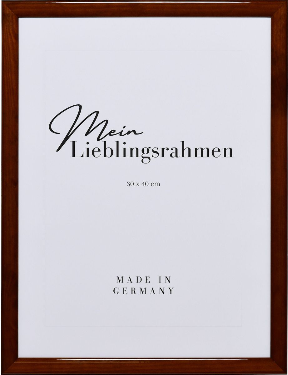 Frontansicht eines brauen Bilderrahmens mit glatter Hochglanz-Oberfläche und sichtbarer Holzstruktur