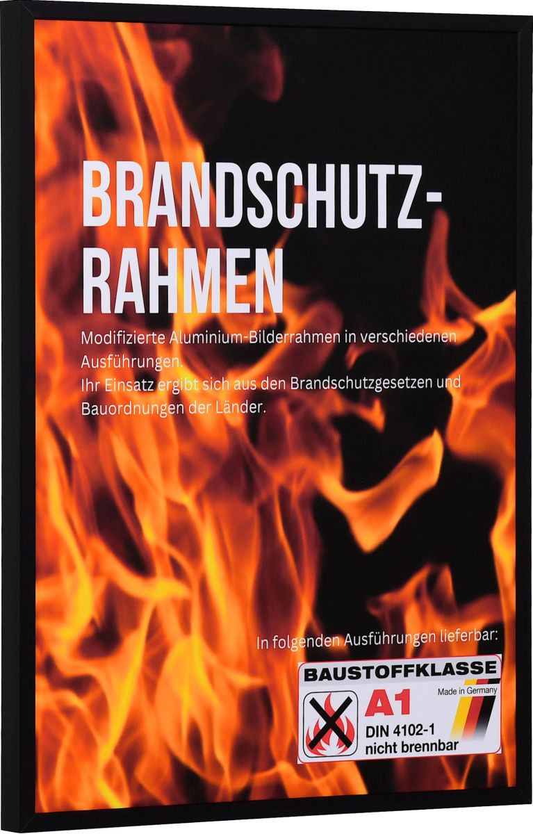 Seitenansicht eines schwarzen, kantigen, stabilen Brandschutzrahmens aus eloxierten Aluminium