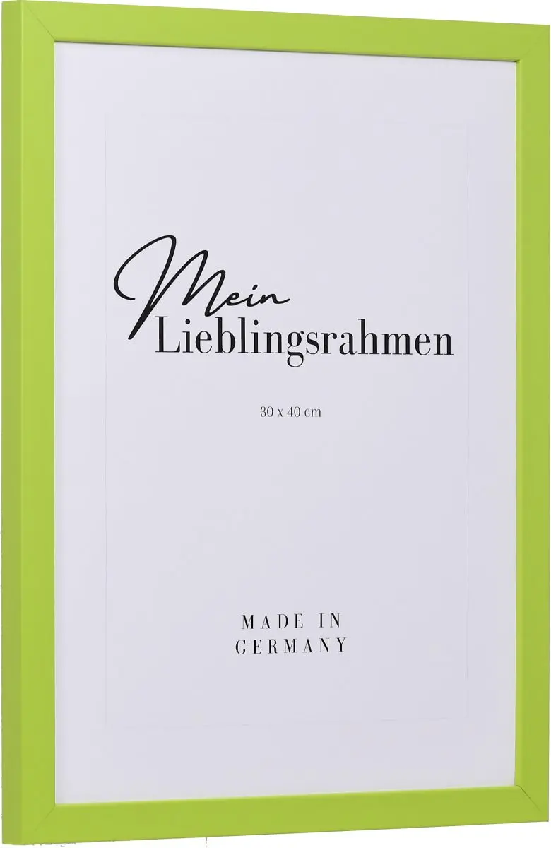 Seitenansicht eines grünen Bilderrahmens mit geschlossener, glatter Oberfläche und würfelförmigem Profil
