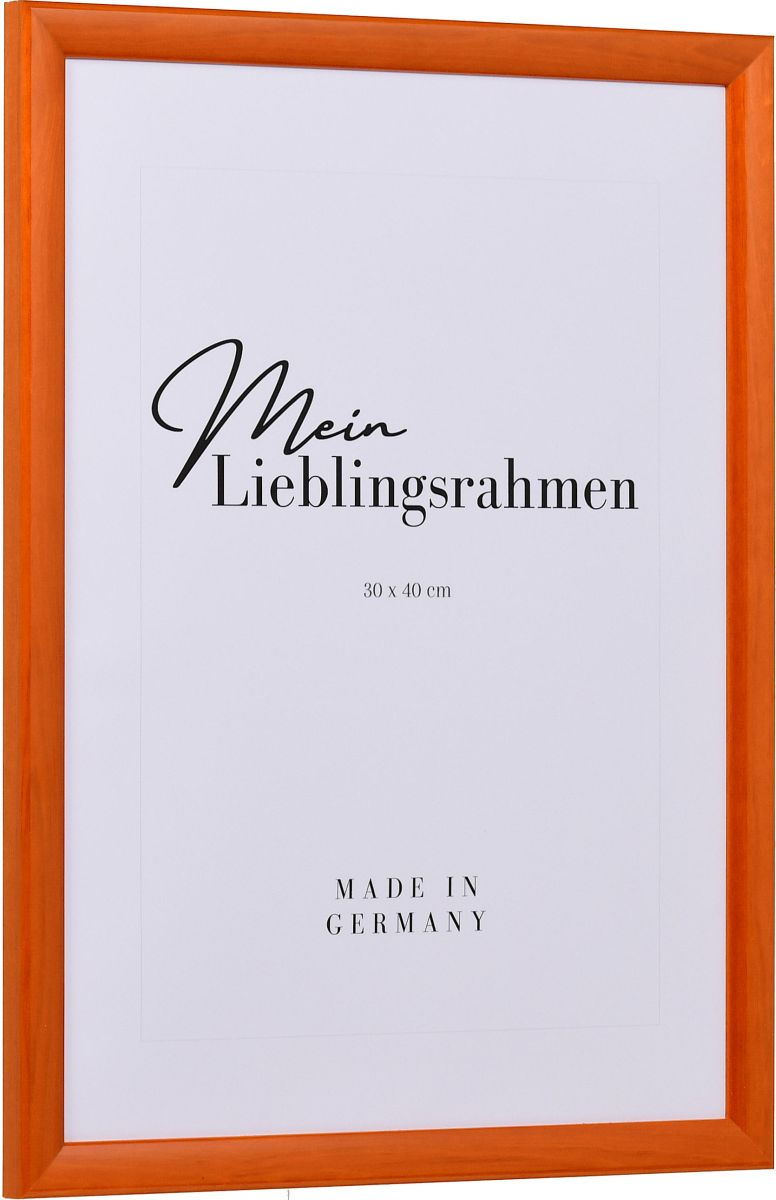 Seitenansicht eines orangenen Bilderrahmens mit glatter Hochglanz-Oberfläche und sichtbarer Holzstruktur