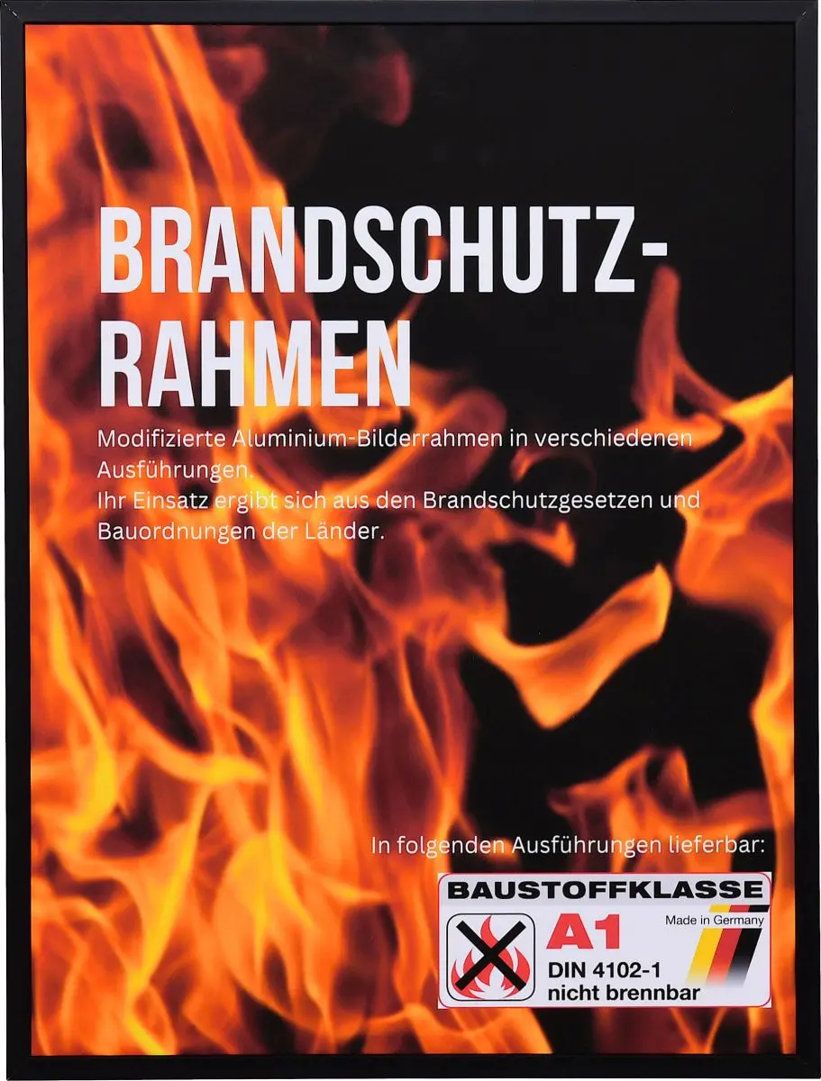 Frontansicht eines schwarzen, kantigen, stabilen Brandschutzrahmens aus eloxierten Aluminium