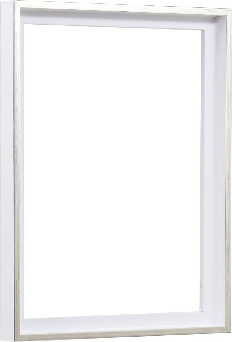 Holz-Profil 50k, weiss mit Silberkante - Seitenansicht Seitenansicht eines modernen, dezenten Schattenfugenrahmens in Weiss mit Silberkante
