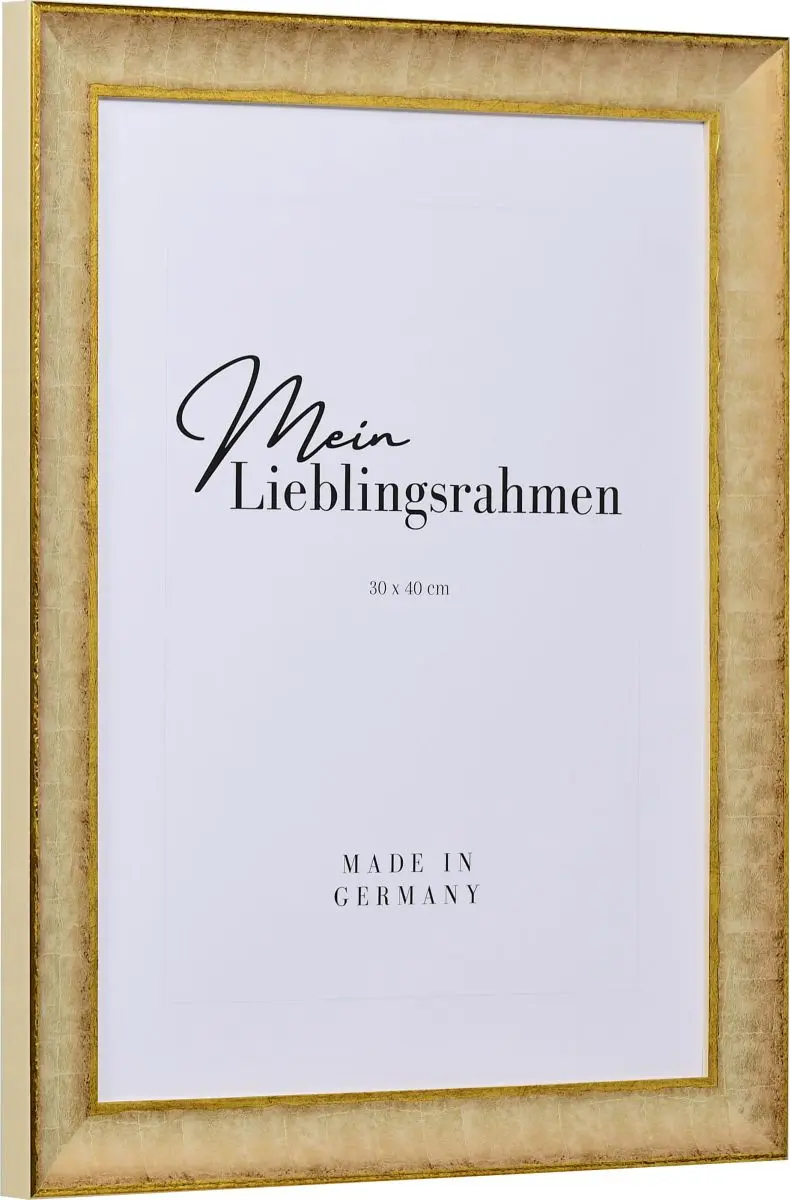 Seitenansicht eines barocken, honigfarbenen Holzrahmens mit flacher Hohlkehle und in Retro Optik