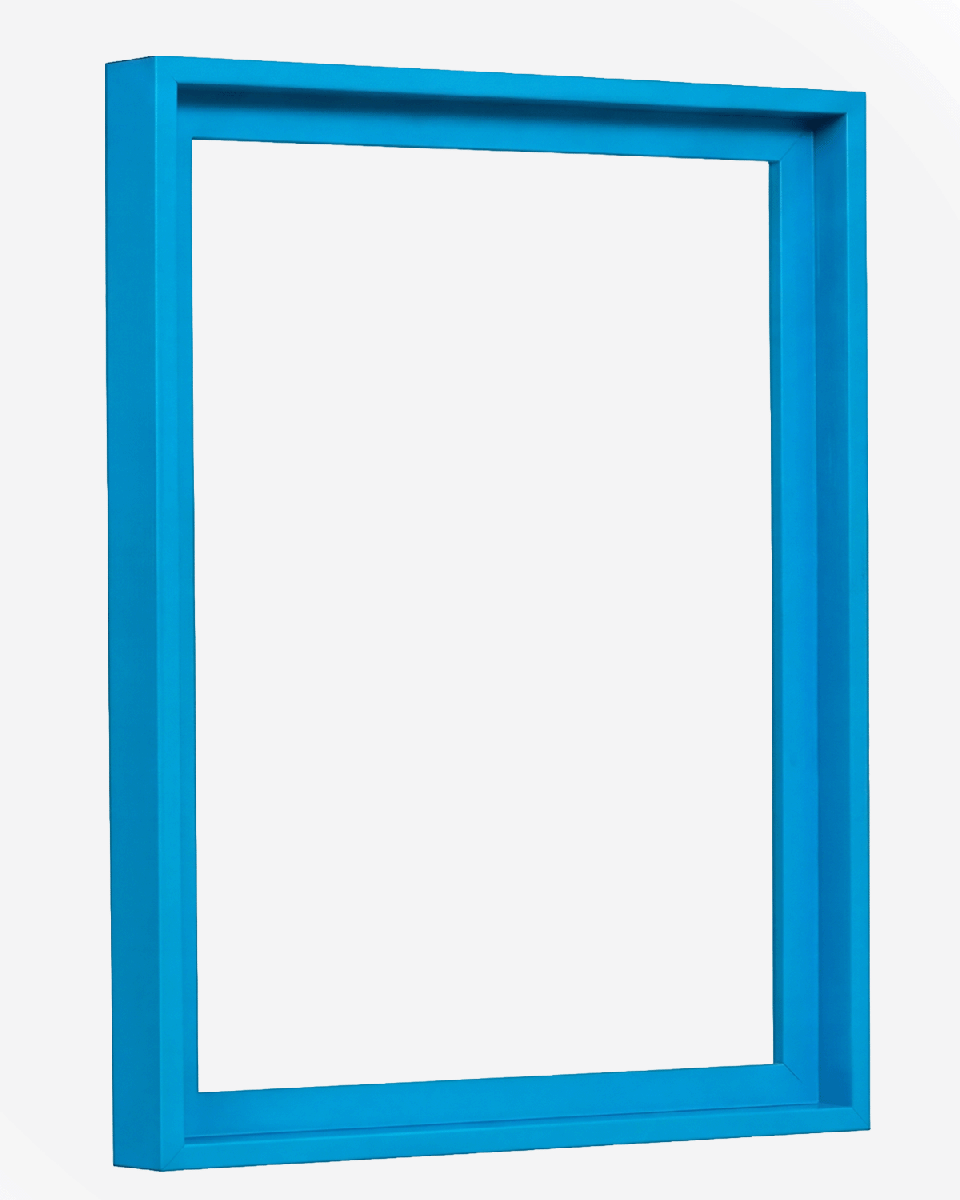 Vue latérale du cadre de type caisse américaine Jill en bleu néon éclatant pour toiles.