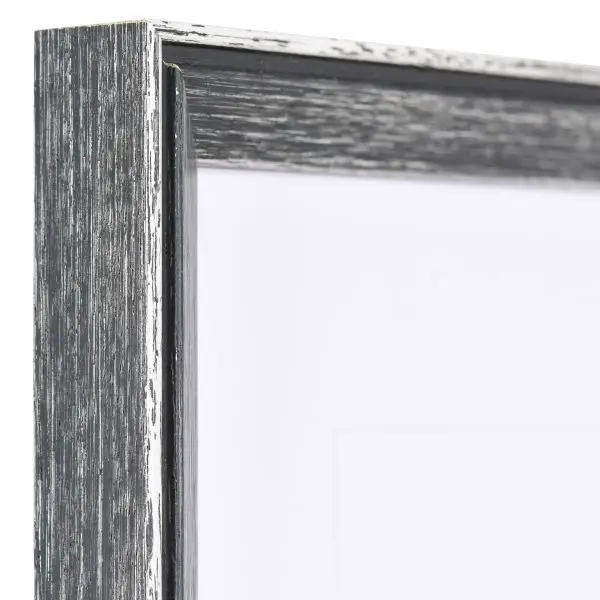 Ansicht der Ecke eines schwarzen Holzrahmens im Used Look mit sichtbarer Holzstruktur