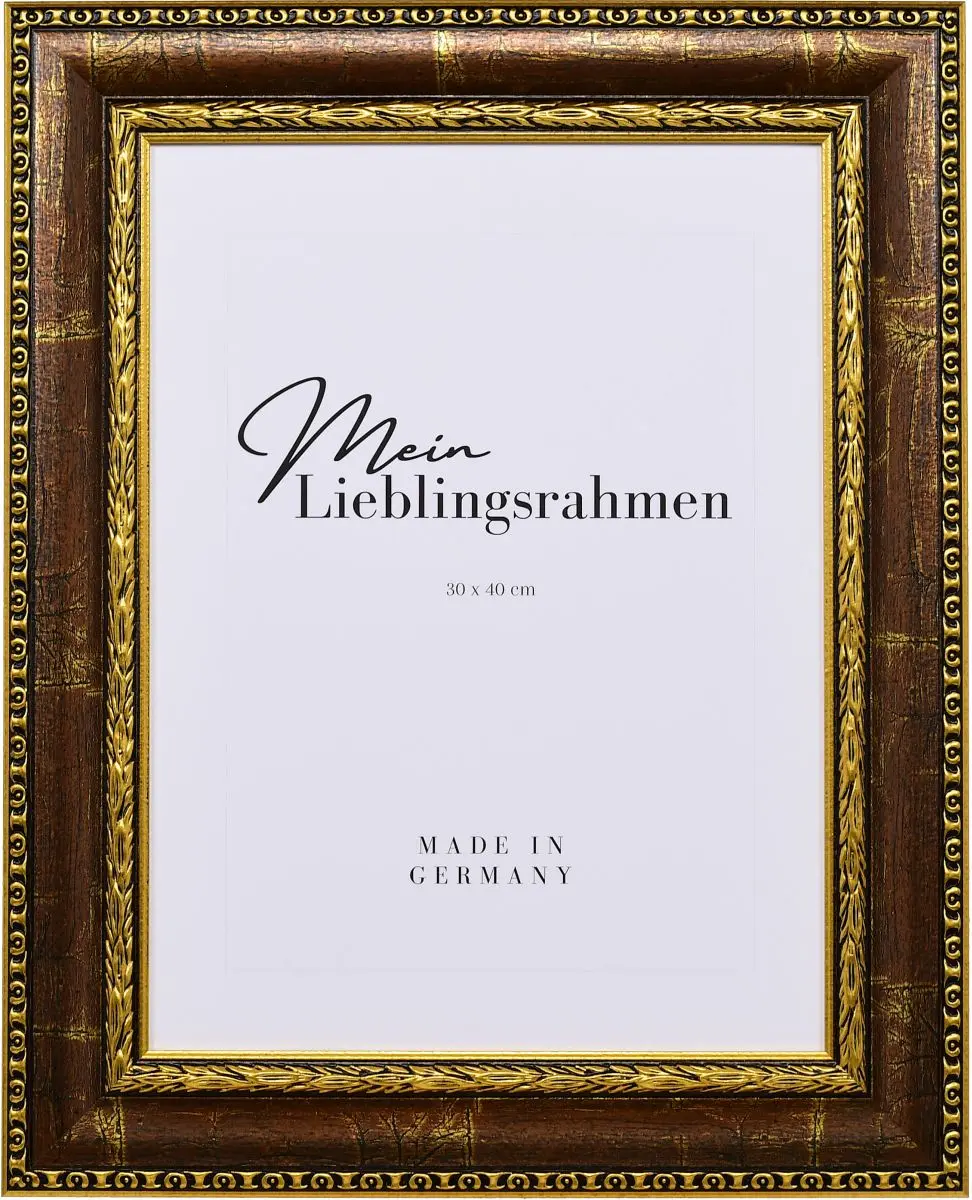 Frontansicht eines braunen Bilderrahmens mit detailreichen Barockapplikationen 