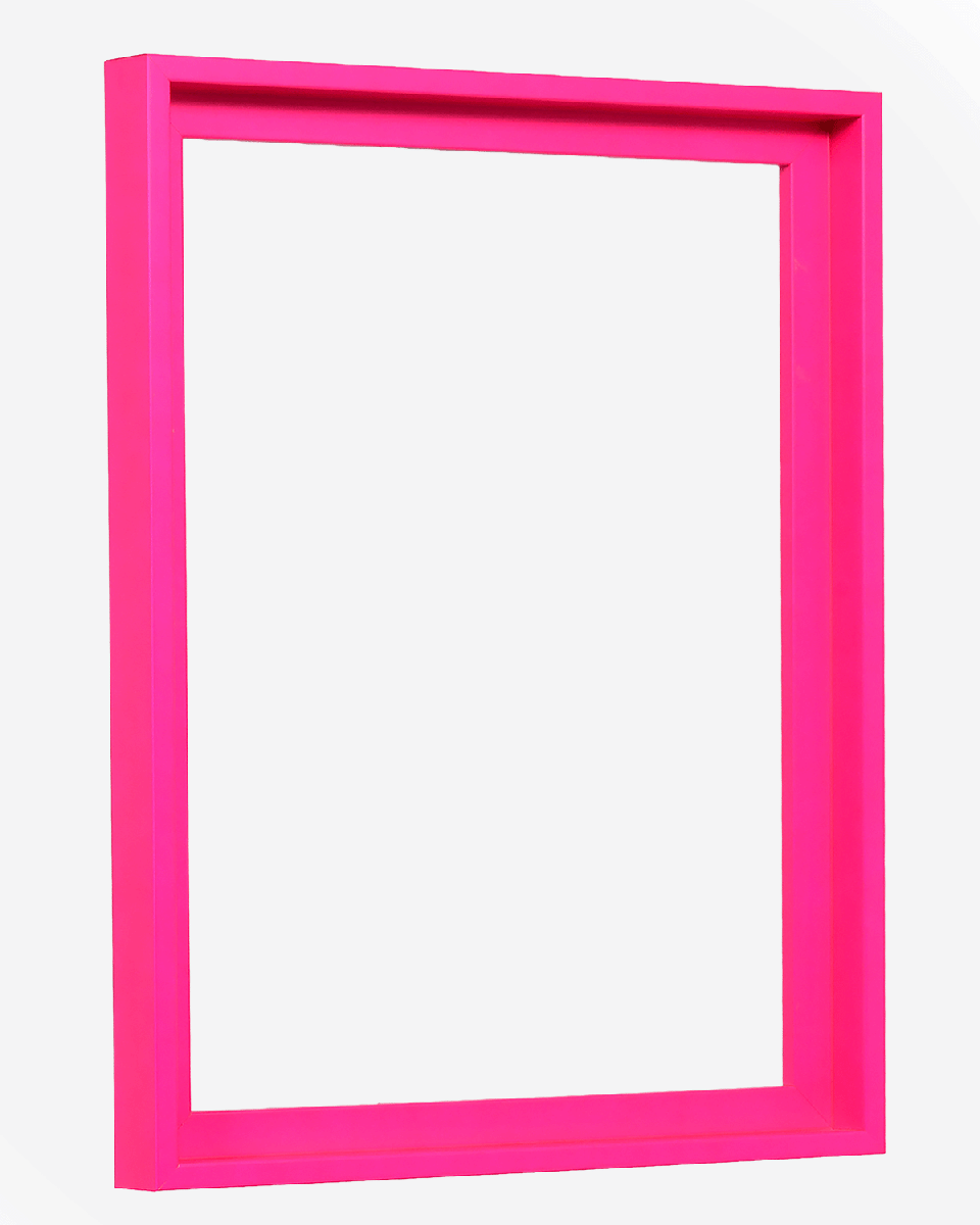 Vue latérale du cadre de type caisse américaine Jill en rose néon éclatant pour toiles.