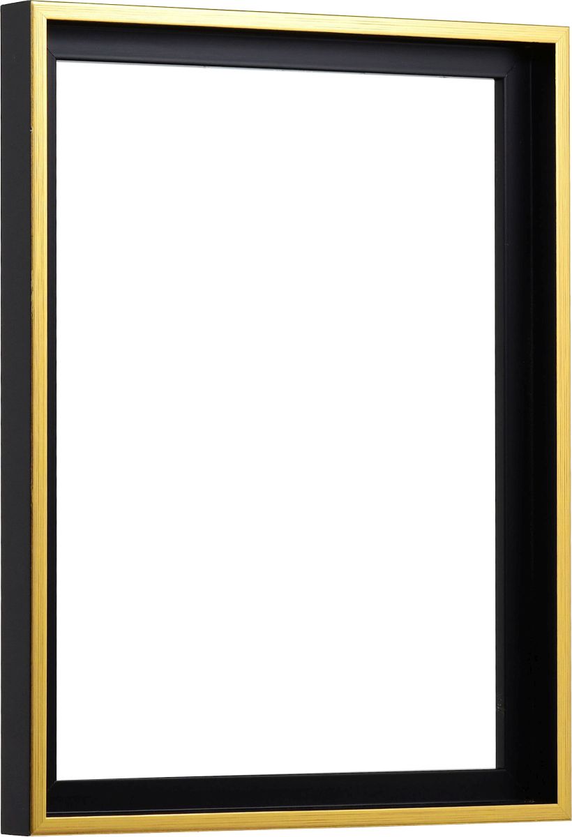 Holz-Profil 50k, schwarz mit Goldkante - Seitenansicht Seitenansicht eines modernen, dezenten Schattenfugenrahmens in Schwarz mit Goldkante