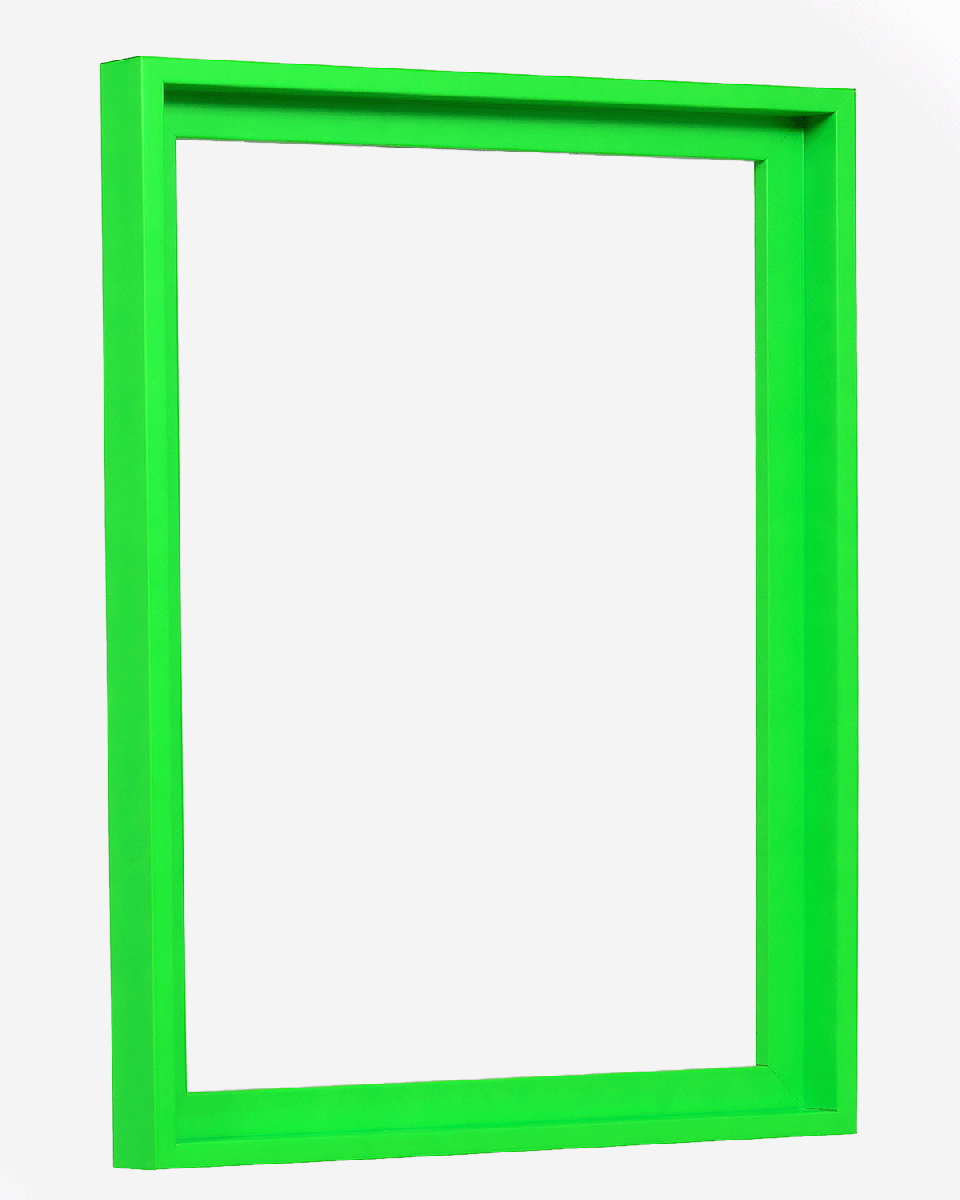 Vue latérale du cadre de type caisse américaine Jill en vert néon éclatant pour toiles.