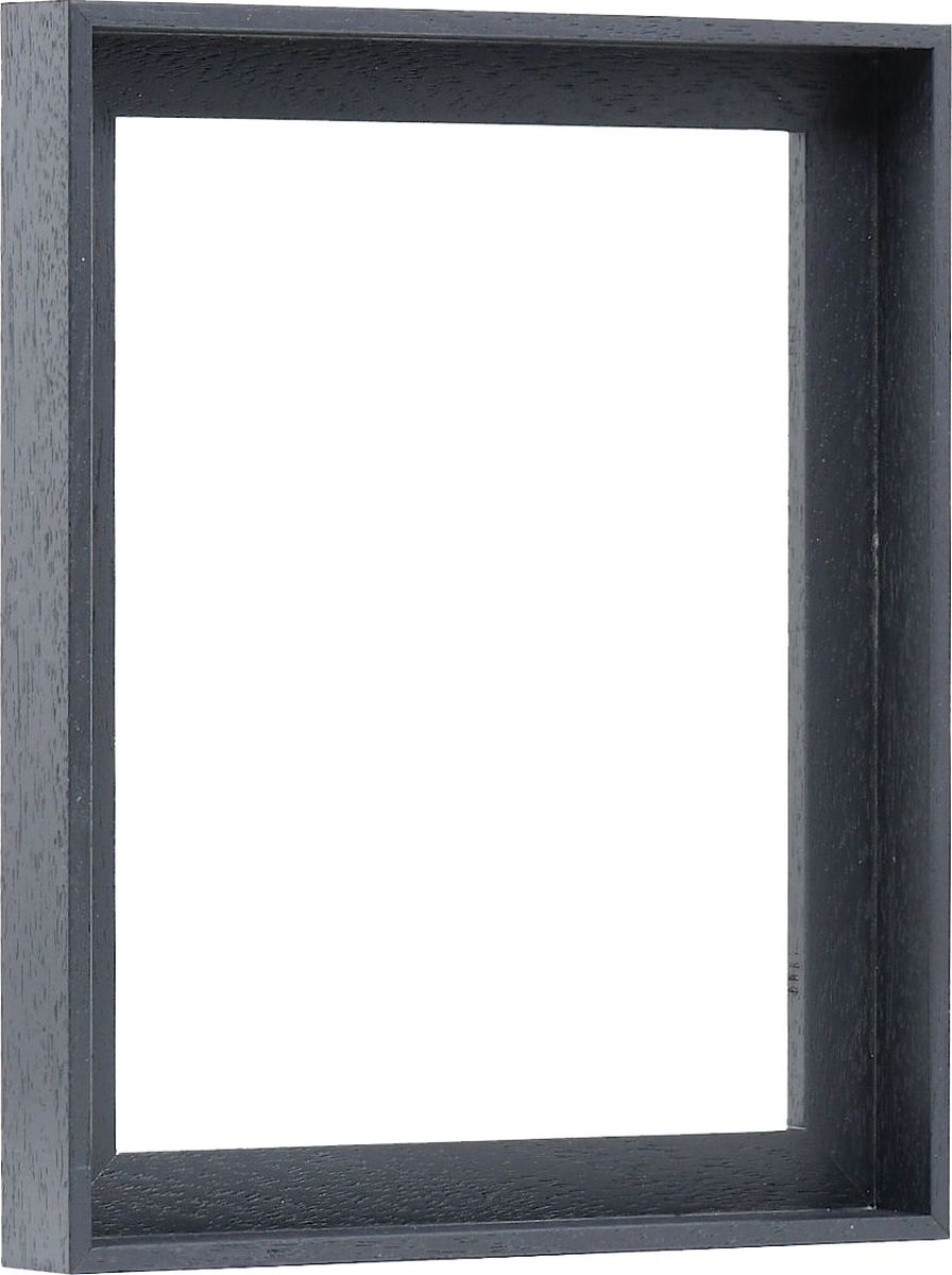 Seitenansicht eines schwarzen, offenporigen Schattenfugenrahmens für Leinwände